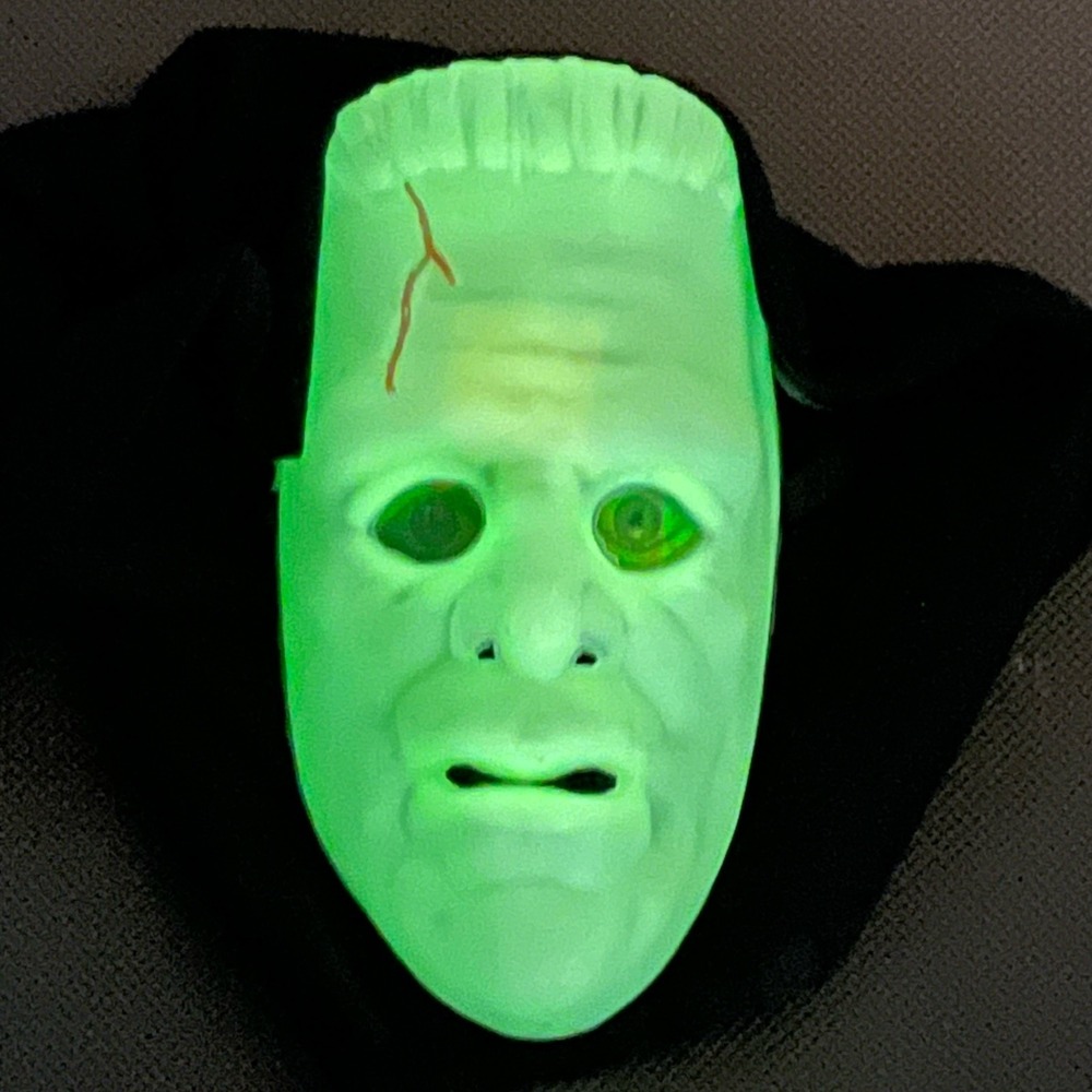 Glow in the Dark Frankenstein Monster Mask w/ Black Hood Halloween Costume Vtg